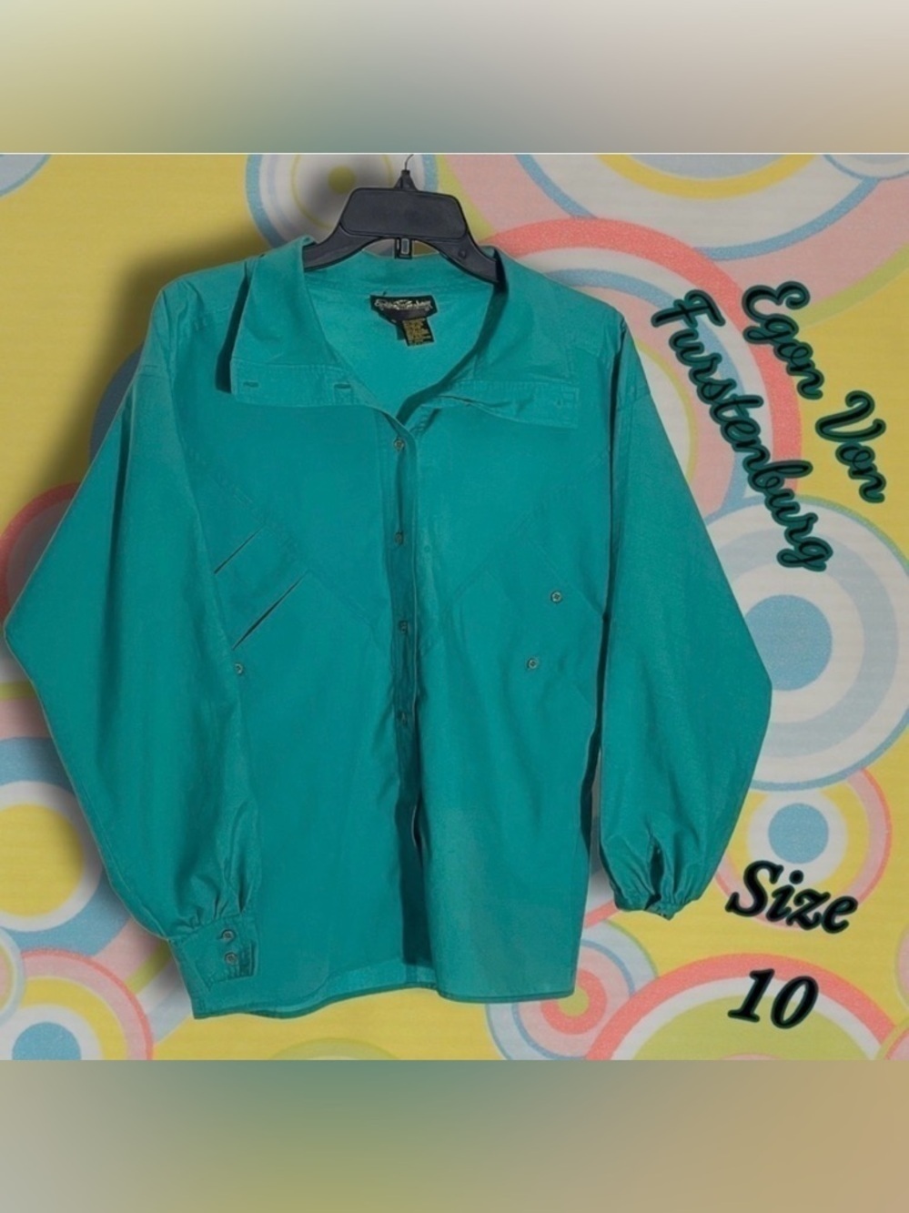 Vintage EGON Von Furstenburg Unique Dolman Sleeve Aqua Button Down Size 10